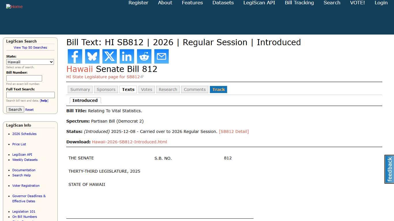 Bill Text: HI SB812 2026 Regular Session Introduced LegiScan